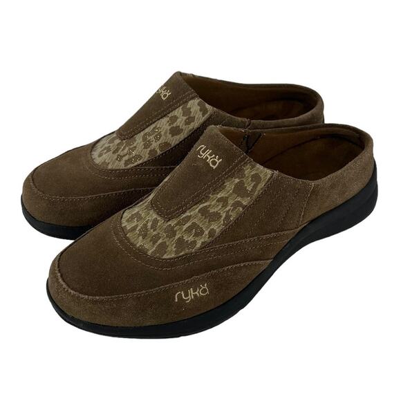 RYKA Clogs Womens Size 6 Brown Suede Leather Slip On Mules Leopard Print - Picture 1 of 12